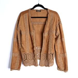 MISS ME Crochet Faux Suede Open Jacket Tan Long Sleeve Boho Women's L